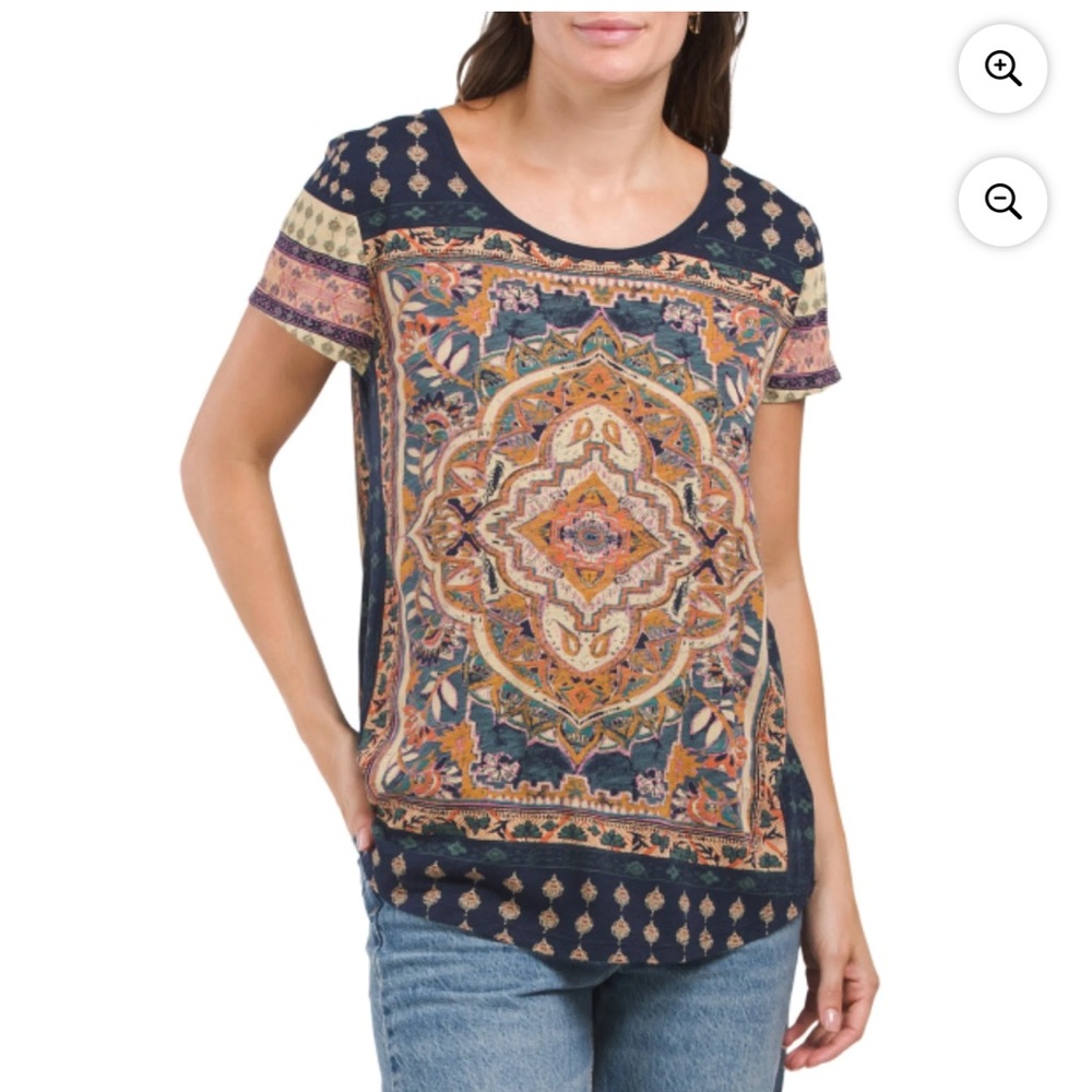 •Lucky Brand Navy Persian Carpet Print Women’s Small Boho Short Sleeve Shirt #B